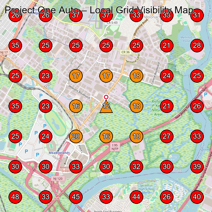 Project One Auto GeoGrid visibility map for Elevator Service in Carlstadt